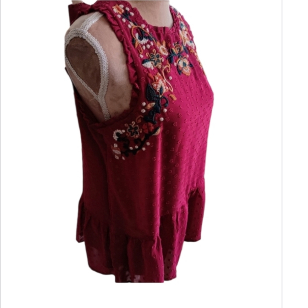 Love On A Hanger ~ Pink Embroidered Swiss Dot Ruffle Peplum Tank Top | M - Picture 3 of 9